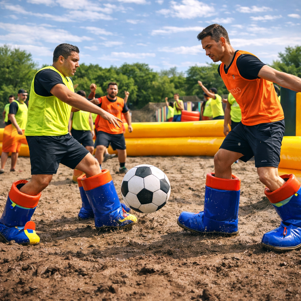 Adults playing giant boots football during a Mega Party at Gripped London adventure park.