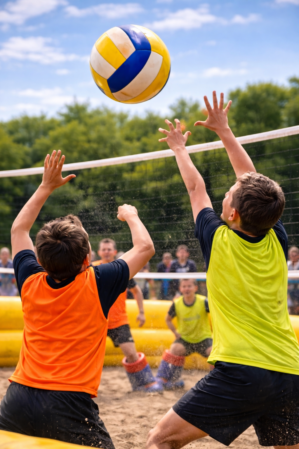 Children playing volleyball in the Mega Games Arena during a birthday party at Gripped London.
